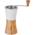 Hario coffee mill grinder with olive wood handle and body, featuring a stainless steel grinding mechanism for fresh coffee.