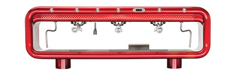 A red Aremde Nexus One volumetric espresso machine with a minimalist see-through structure designed for enhancing social interactions between baristas and customers.