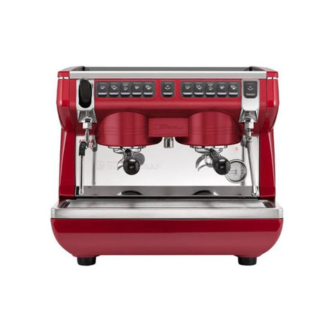 Nuova Simonelli Appia Life Compact 2 Group Volumetric espresso coffee machine with stainless steel finish and control panel.