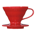 Hario V60 plastic pour-over coffee dripper in red with a clear body, used for brewing pour-over coffee.