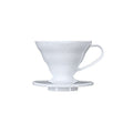 Hario V60 Plastic Pourover Dripper 01 in white, designed for pour-over coffee brewing, with clear plastic construction.