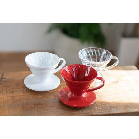 Hario V60 Plastic Pourover Dripper 01 in white with red accents, designed for manual coffee brewing.