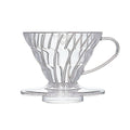 Hario V60 Plastic Dripper 01 in transparent clear with white and red accents, used for pour-over coffee brewing.