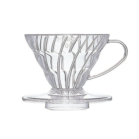 Hario V60 Plastic Dripper 01 in transparent clear with white and red accents, used for pour-over coffee brewing.